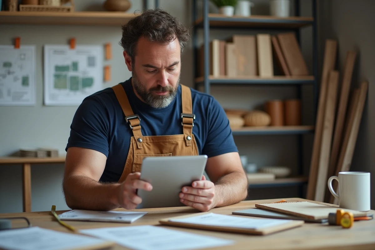 Homme en overalls regardant une tablette dans un bureau moderne
