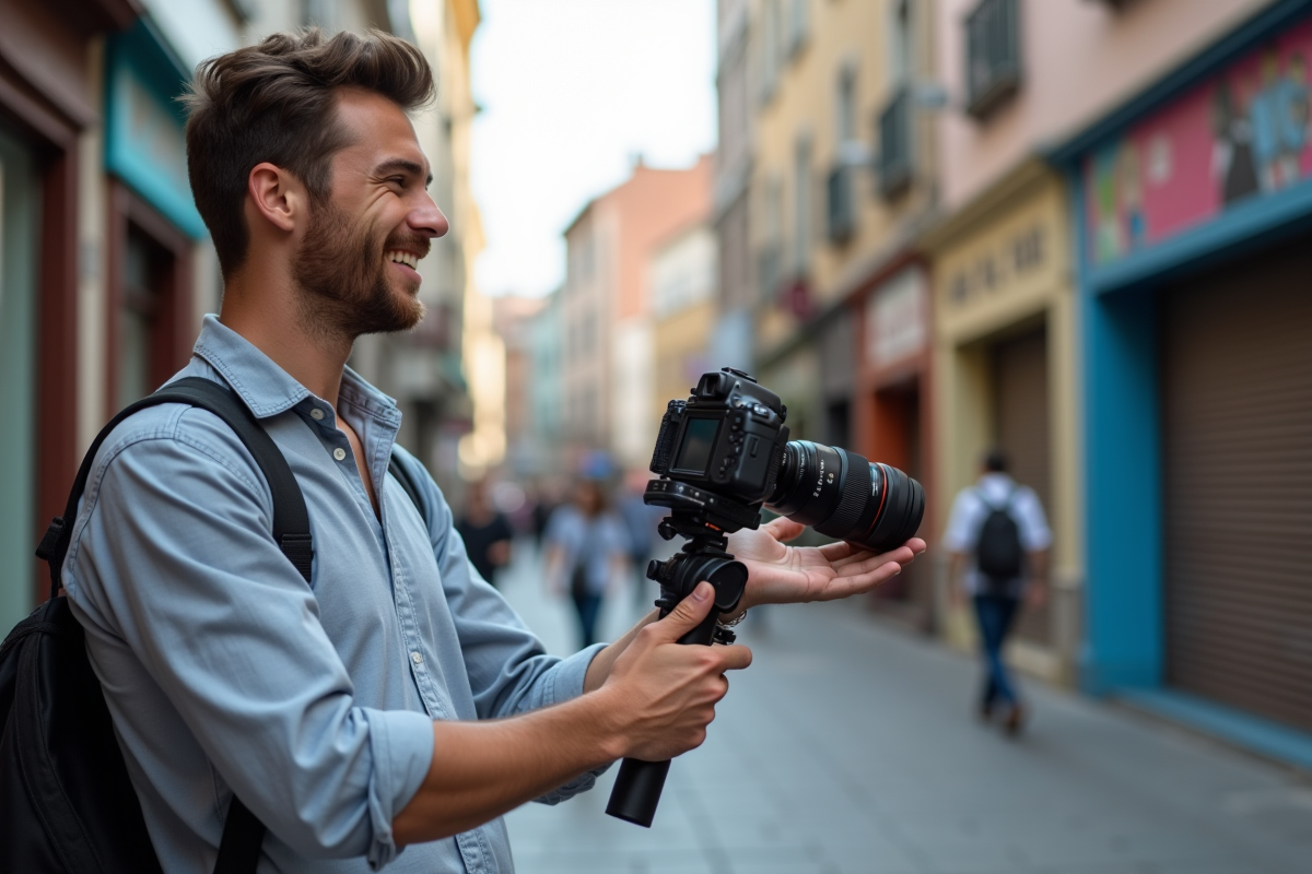 Homme vlog en extérieur dans une rue animée de la ville