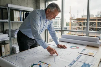 Ingénieur analyste étudiant les courbes de l'index ING INSEE sur des plans techniques dans un bureau d'ingénierie moderne