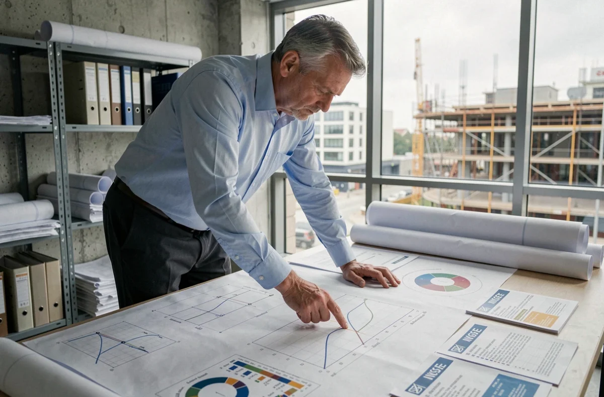 Ingénieur analyste étudiant les courbes de l'index ING INSEE sur des plans techniques dans un bureau d'ingénierie moderne