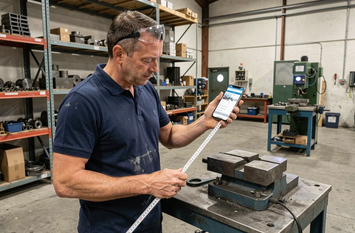 Ingénieur en atelier industriel utilisant une application de conversion de mesure sur smartphone