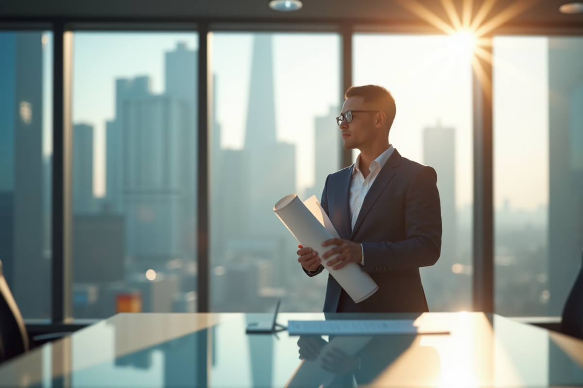 Ingénieur confiant dans un bureau lumineux avec vue sur la ville