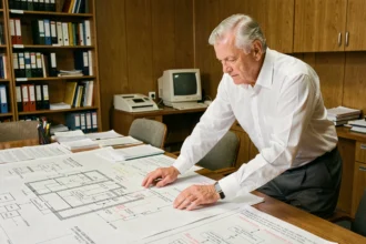 Ingénieur senior analysant des schémas complexes de systèmes sur une table de conférence dans un bureau corporate des années 1990, illustrant le management des systèmes d'ingénierie