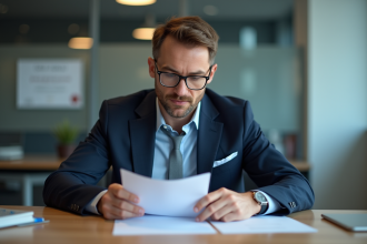 Inspecteur homme examinant des documents dans un bureau organisé