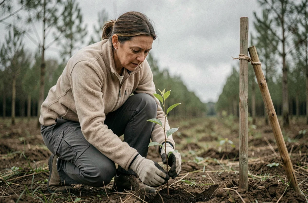 Femme propriétaire forestière inspectant un jeune plant dans une parcelle reboisée en France