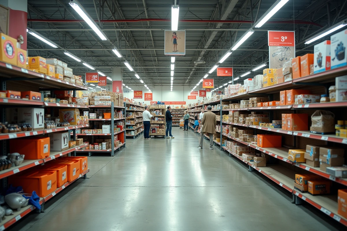 Intérieur d'un magasin discount type GiFi avec rayons partiellement vidés et panneaux de liquidation lors d'une fermeture