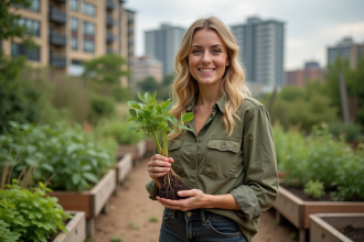 Femme dans un jardin communautaire urbain avec plante