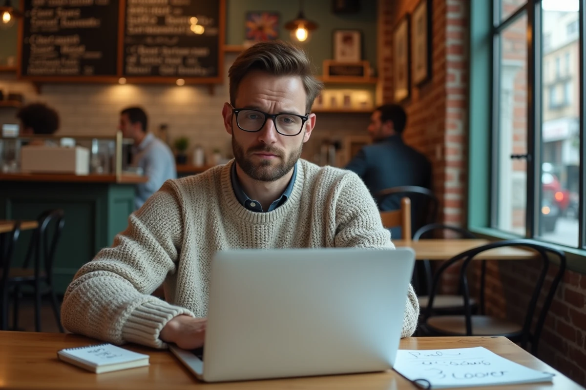 Jeune auto-entrepreneur dans un café pesant le pour et le contre de Partenaire-entreprise.com avec un carnet de notes