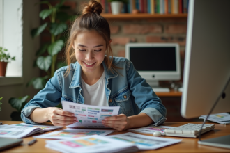 Jeune femme dans un bureau créatif examine des flyers colorés