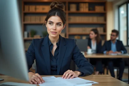 Jeune femme en costume navy examine des documents juridiques