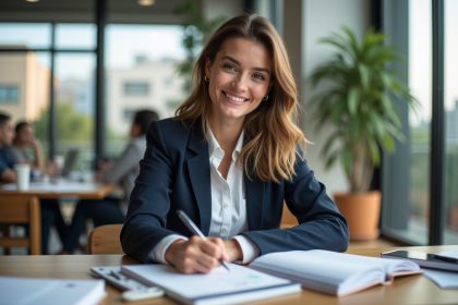 Jeune femme confiante au bureau avec notes et ordinateur