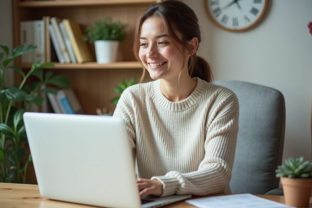 Jeune femme souriante travaillant sur son ordinateur dans un bureau lumineux