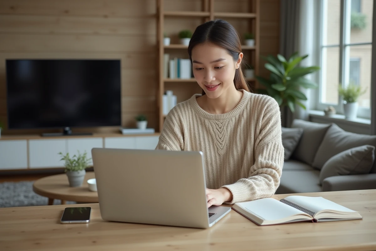 Jeune femme assise à un bureau moderne utilisant un ordinateur portable