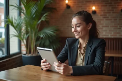 Jeune femme en business casual au caf&eacute; avec tablette