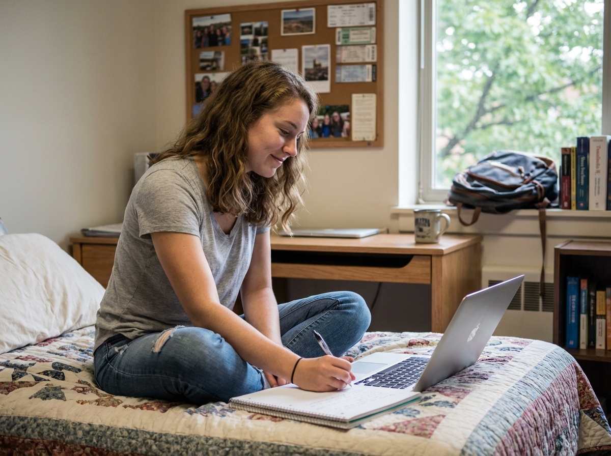 Jeune femme assise sur un lit dans une chambre partagée