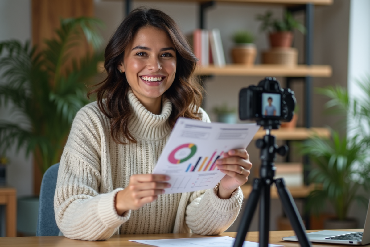 Jeune femme enregistrement vidéo avec smartphone et idées