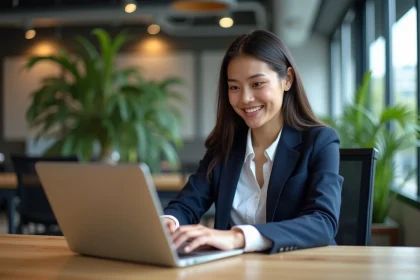 Jeune femme entrepreneure souriante dans un espace de coworking