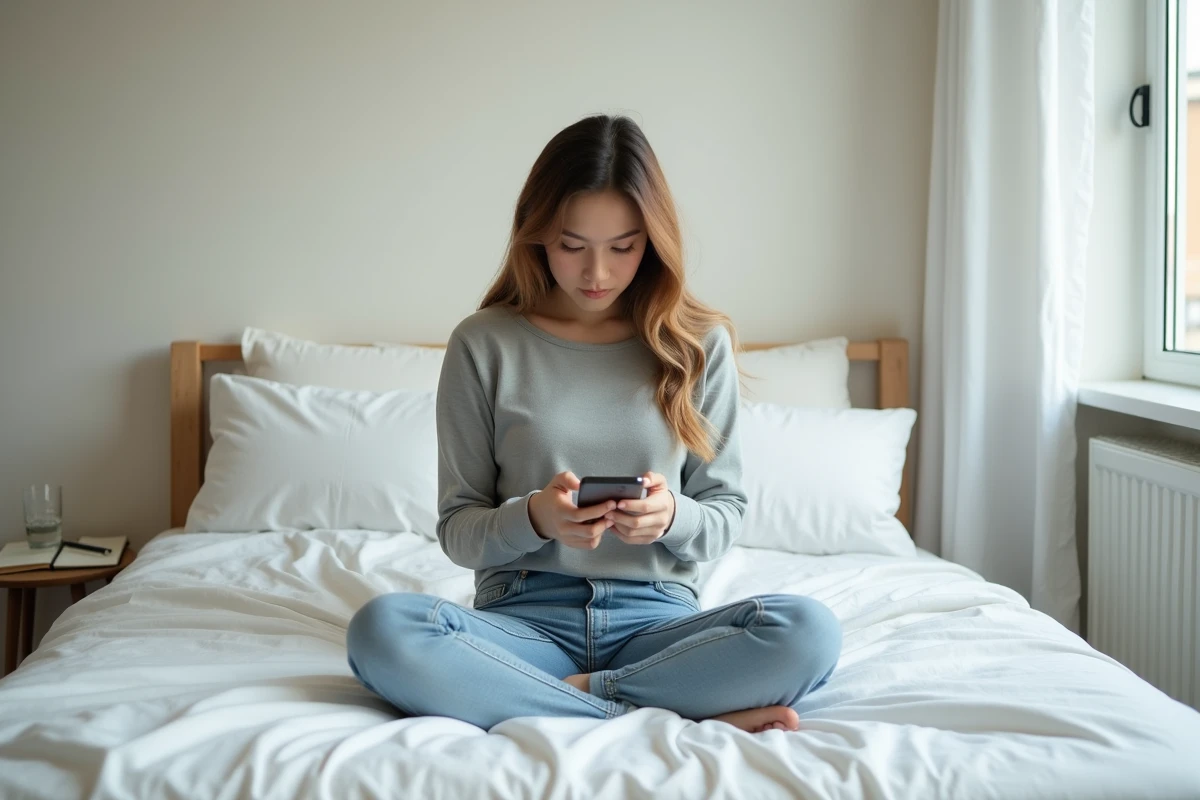 Jeune femme débutante utilisant son smartphone dans sa chambre pour explorer des opportunités de revenus en ligne