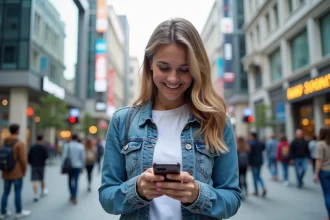 Jeune femme souriante avec smartphone en ville dynamique