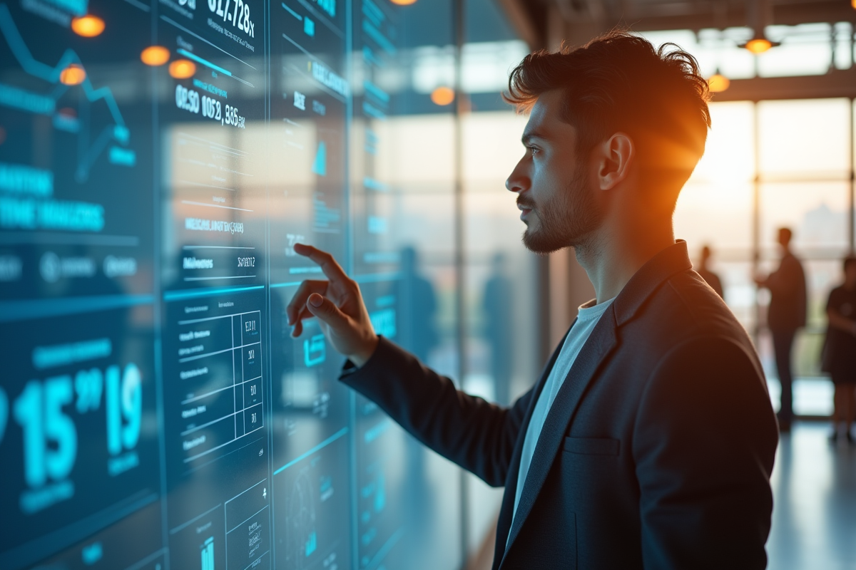 Jeune marketeur analysant résultats sur mur interactif en espace lumineux