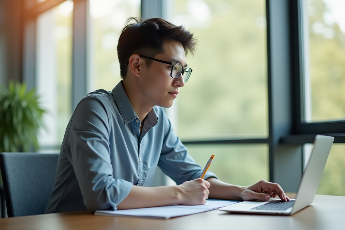 Jeune professionnel confiant travaillant seul à un bureau lumineux