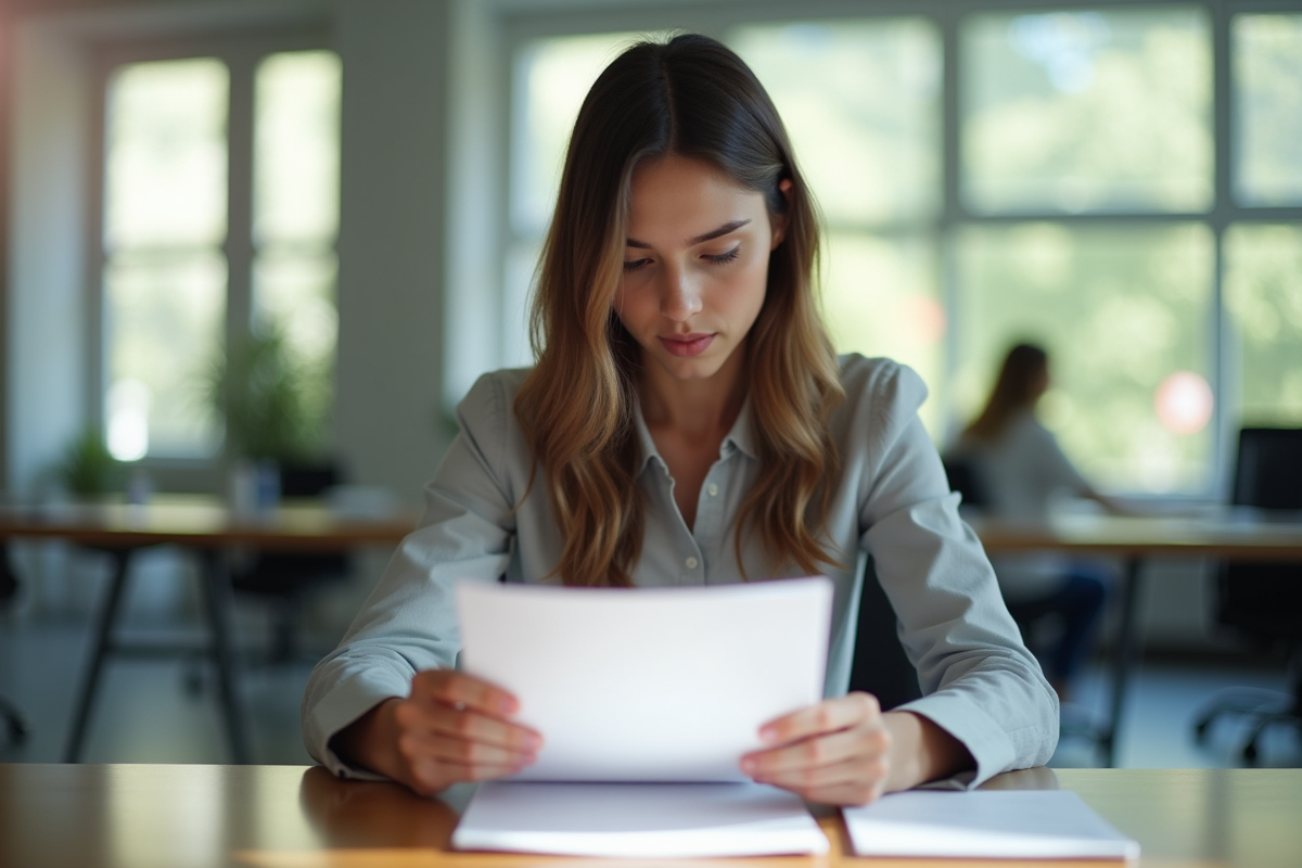 Jeune professionnel concentré lisant une lettre au bureau