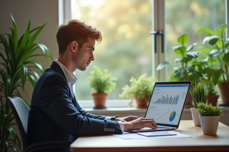 Jeune professionnel travaillant sur un ordinateur avec analytics marketing