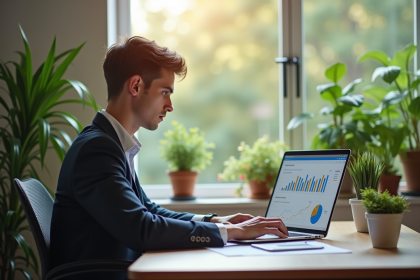 Jeune professionnel travaillant sur un ordinateur avec analytics marketing