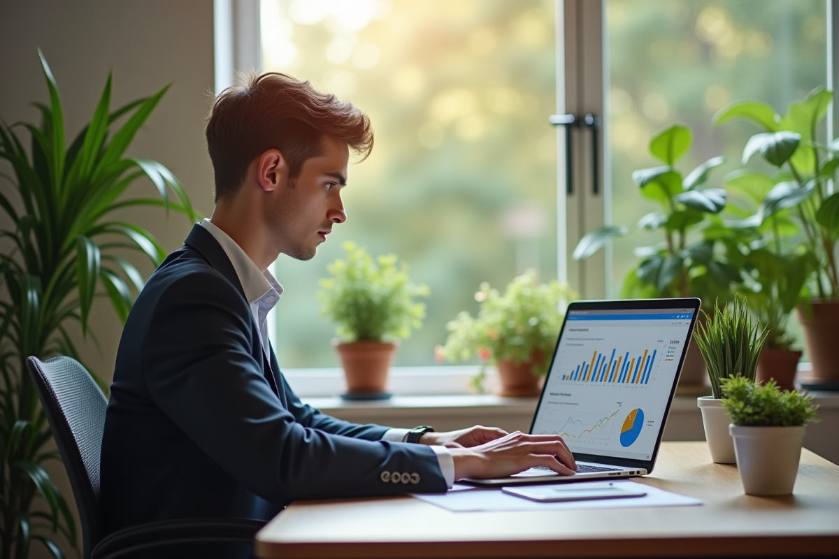 Jeune professionnel travaillant sur un ordinateur avec analytics marketing