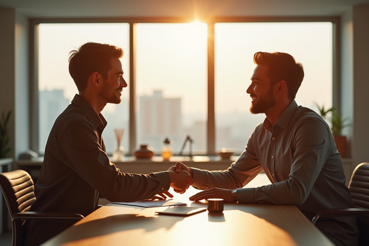 Jeune professionnel serrant main avec mentor dans un bureau lumineux