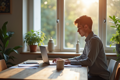 Jeune professionnel travaillant à distance sur un ordinateur portable à une table de cuisine lumineuse