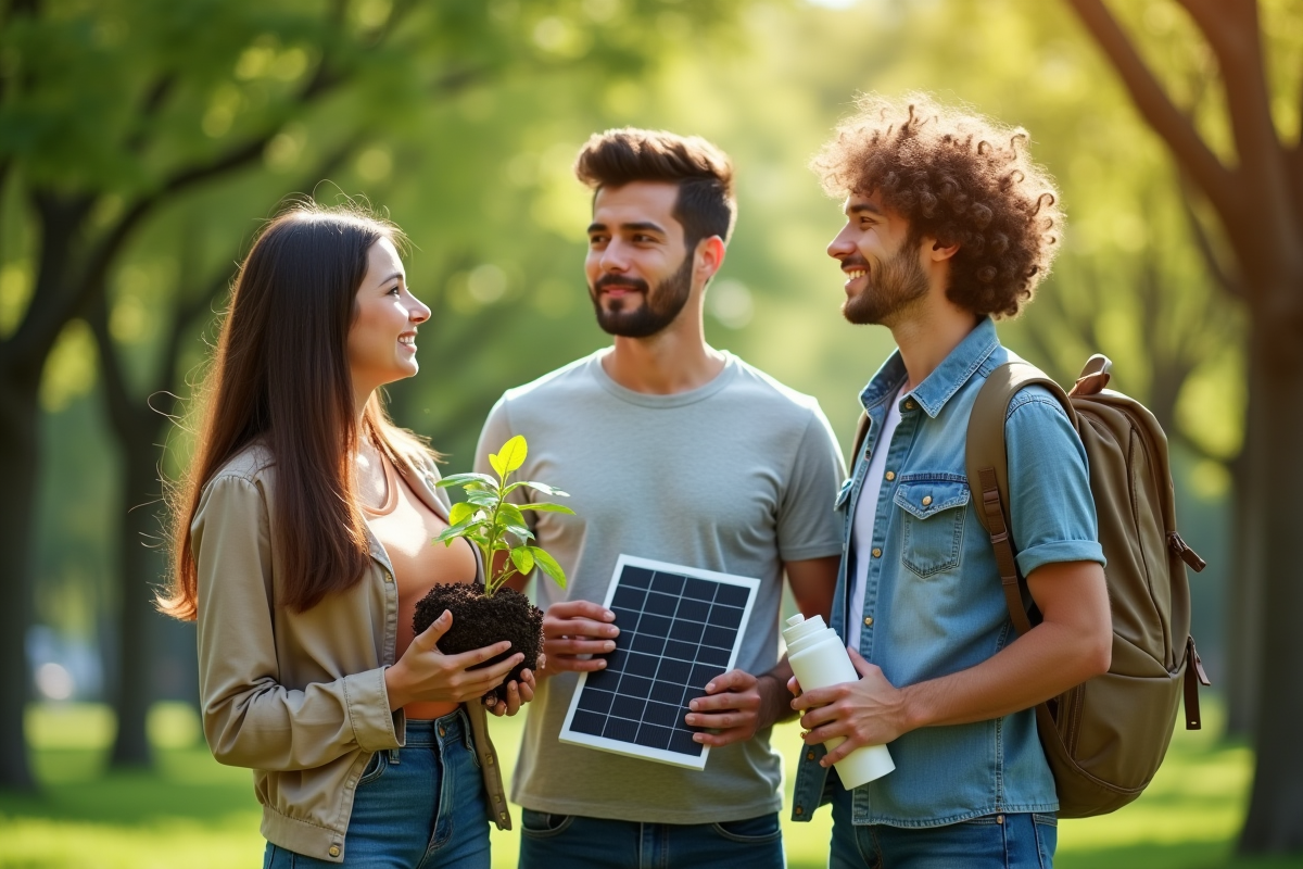 Trois jeunes adultes avec un panneau solaire et une bouteille d'eau