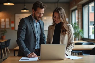 Jeunes entrepreneurs français discutant dans un espace coworking