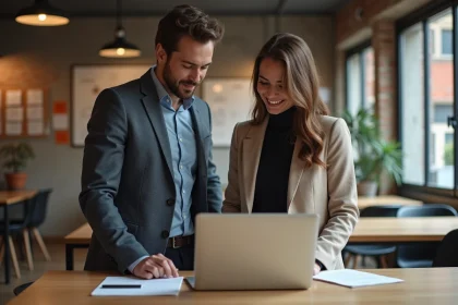 Jeunes entrepreneurs français discutant dans un espace coworking