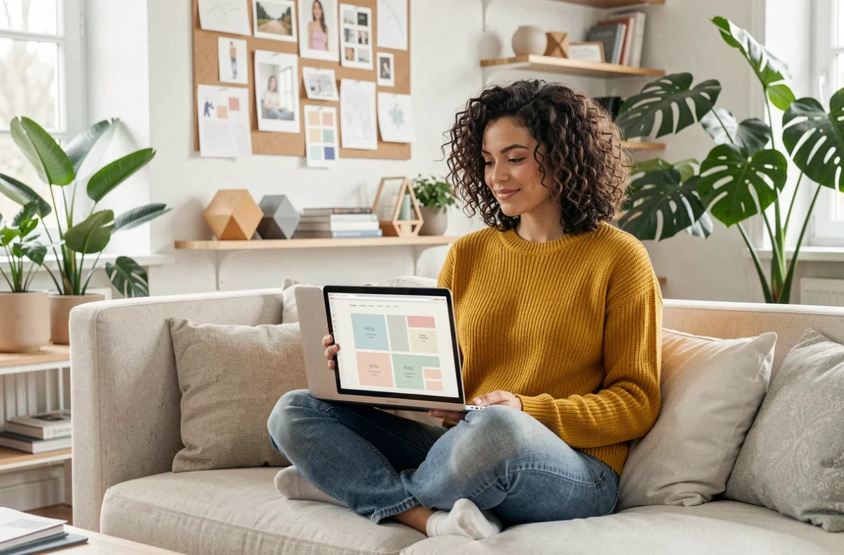 Designer de Klik Studio dans la Manche créant un site web minimaliste avec une interface propre et colorée sur son ordinateur portable
