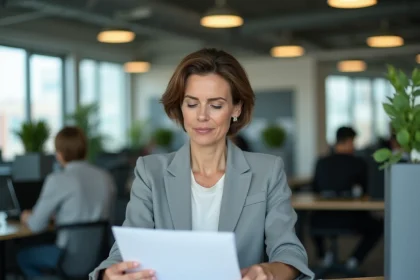 Employée de Kuenel Nagel concentrée à son poste de travail dans un open space moderne, illustrant la qualité de vie au travail