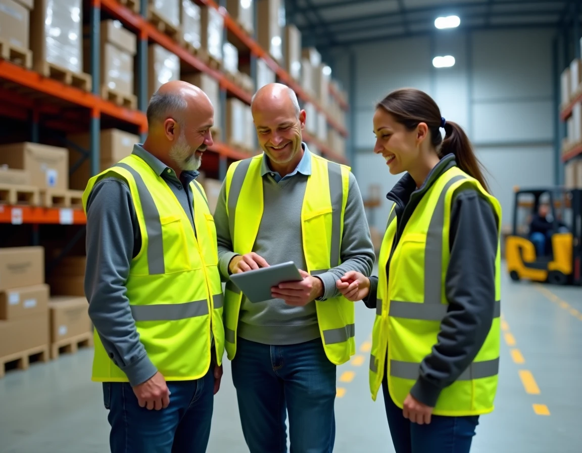 Équipe d'entrepôt Kuenel Nagel en discussion autour d'une tablette dans un centre logistique, symbolisant le bien-être au travail et la cohésion d'équipe