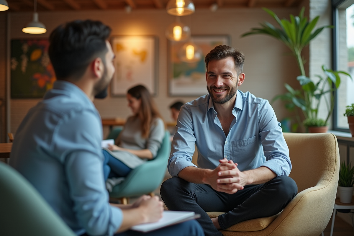 Jeune chef d equipe en discussion dans espace de pause