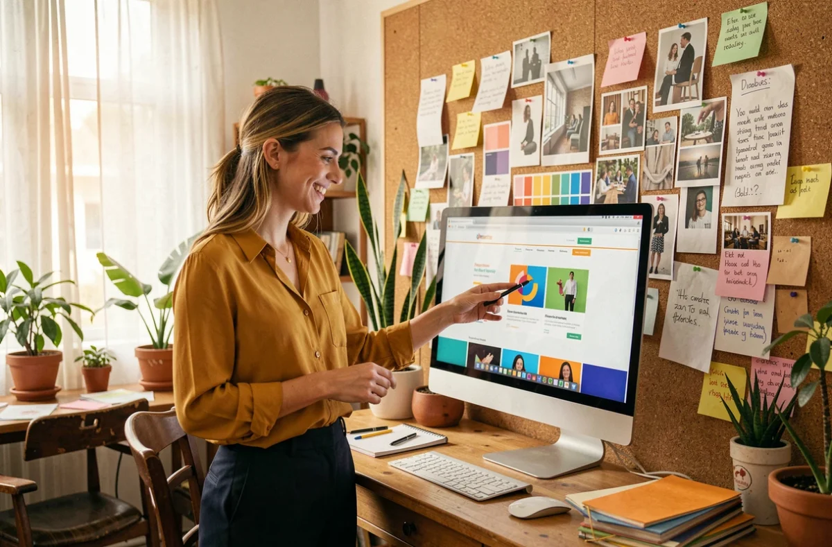 Directrice créative des Idées Fraîches devant un tableau d'inspiration dans un studio coloré et vivant