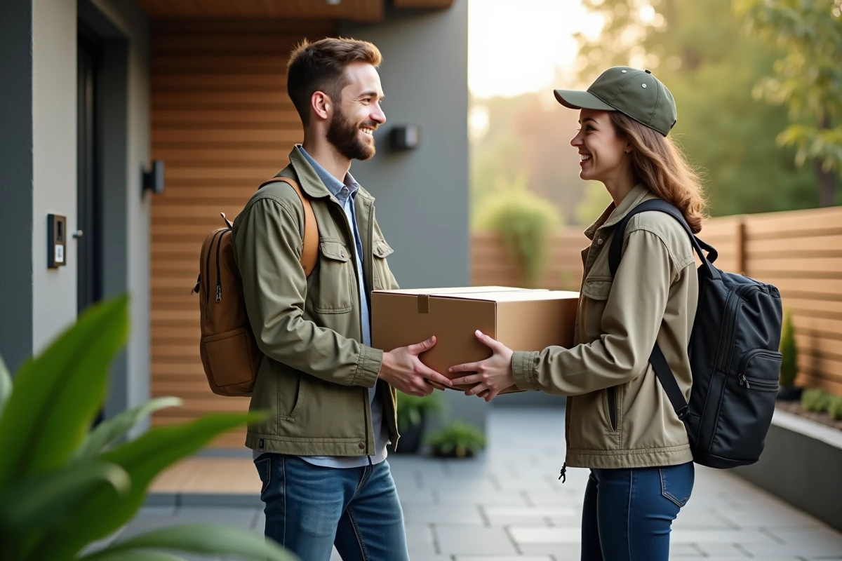 Homme recevant un colis devant une maison moderne
