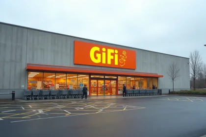 Façade extérieure d'un magasin GiFi dans une zone commerciale périurbaine française avec parking et chariots abandonnés