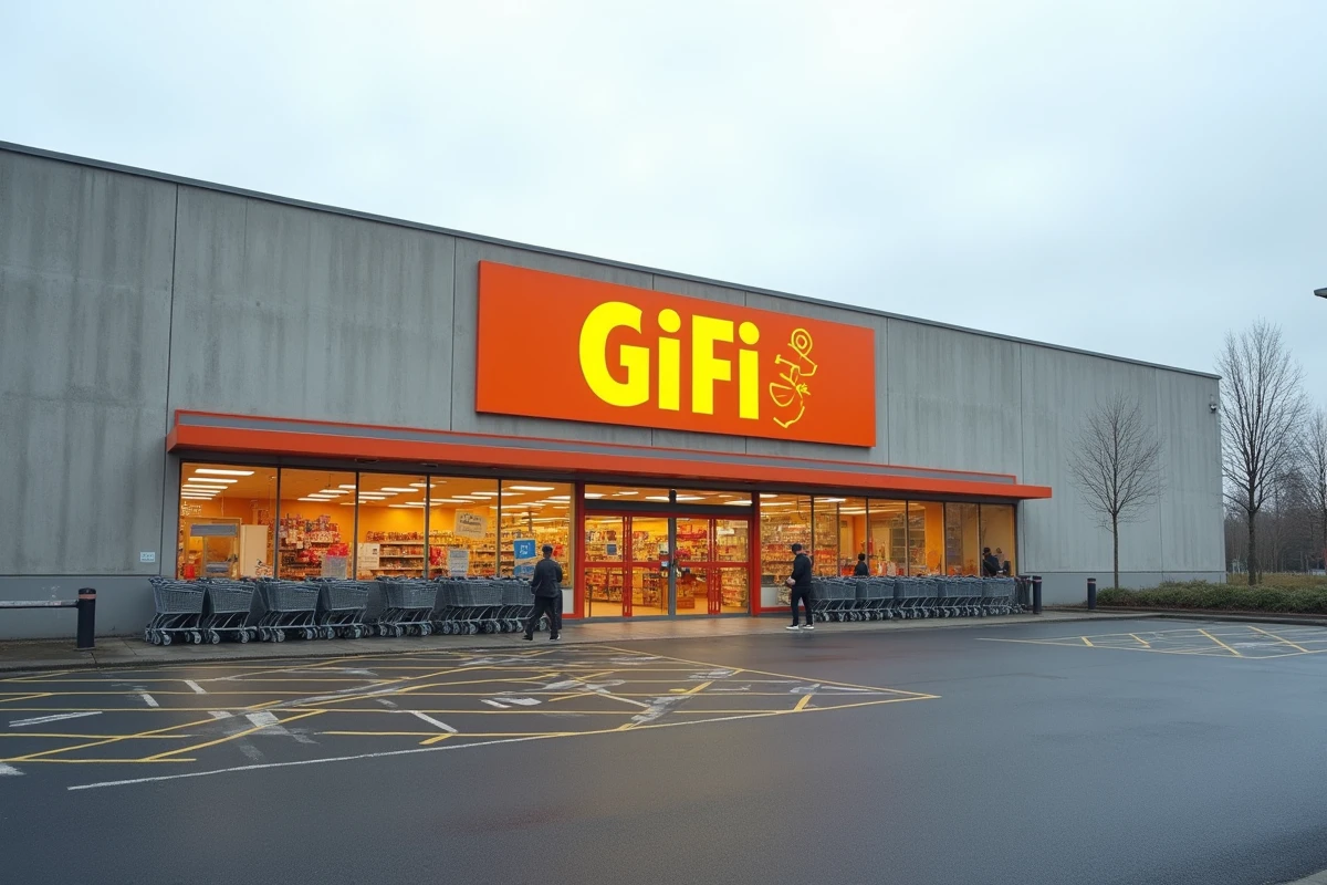 Façade extérieure d'un magasin GiFi dans une zone commerciale périurbaine française avec parking et chariots abandonnés