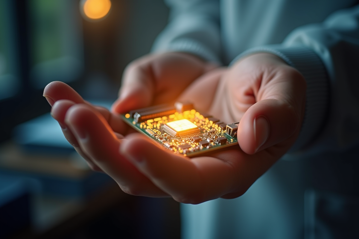Main tenant une carte électronique lumineuse symbolisant la responsabilité