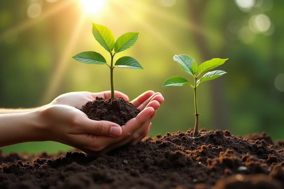 Une main cultivant un arbre jeune dans un sol riche avec soleil