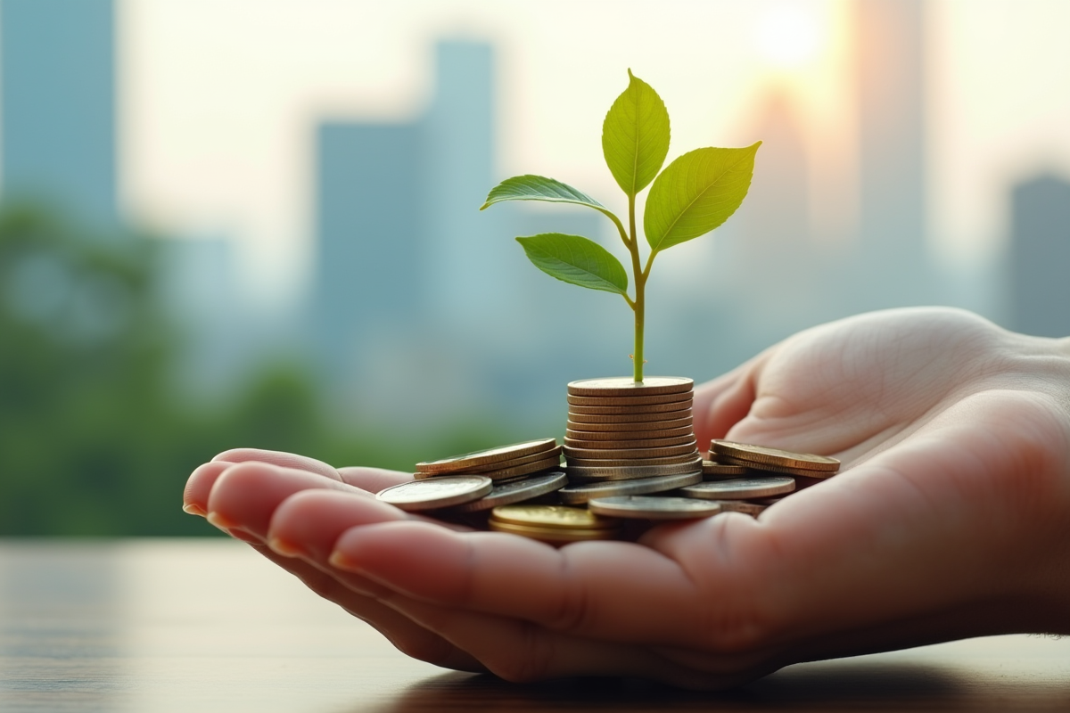Main tenant une petite plante sur des pièces de monnaie