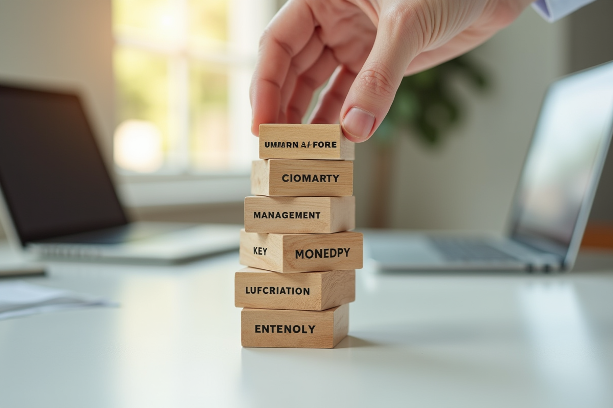 Main empilant des blocs de gestion sur un bureau moderne