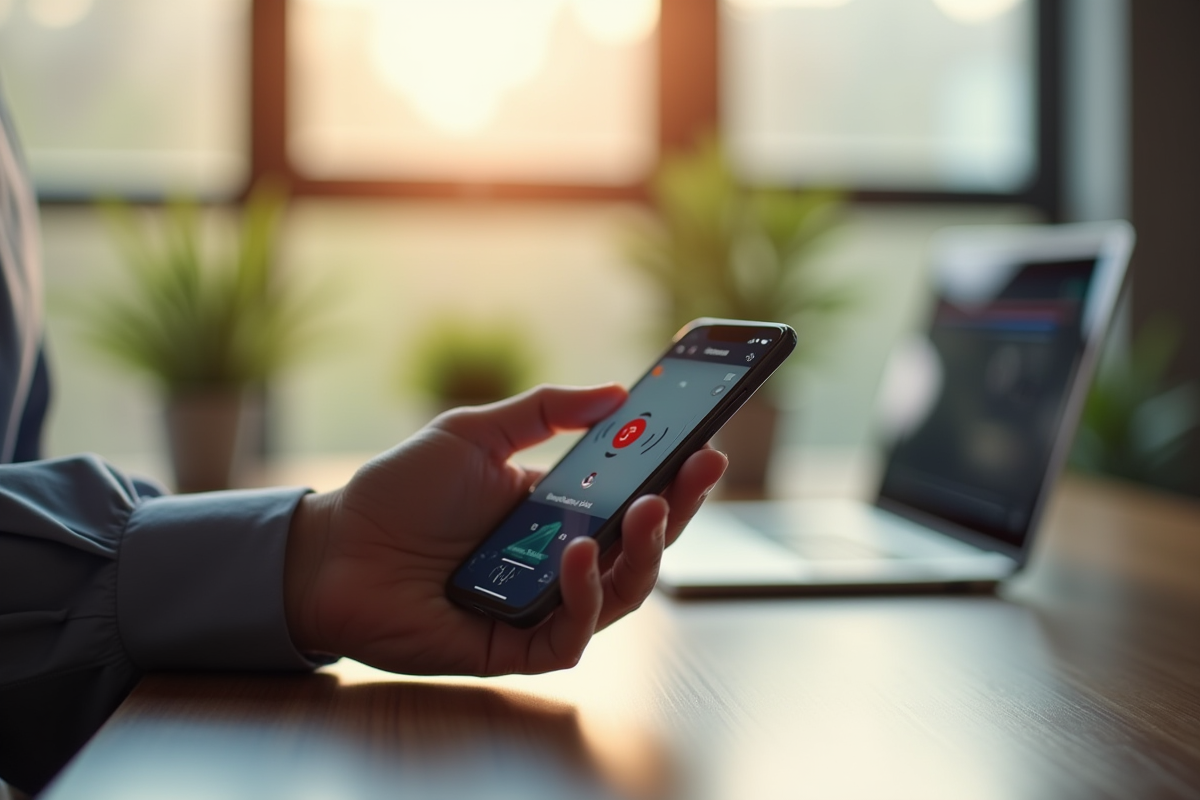 Main tenant un smartphone avec l application d enregistrement vocal