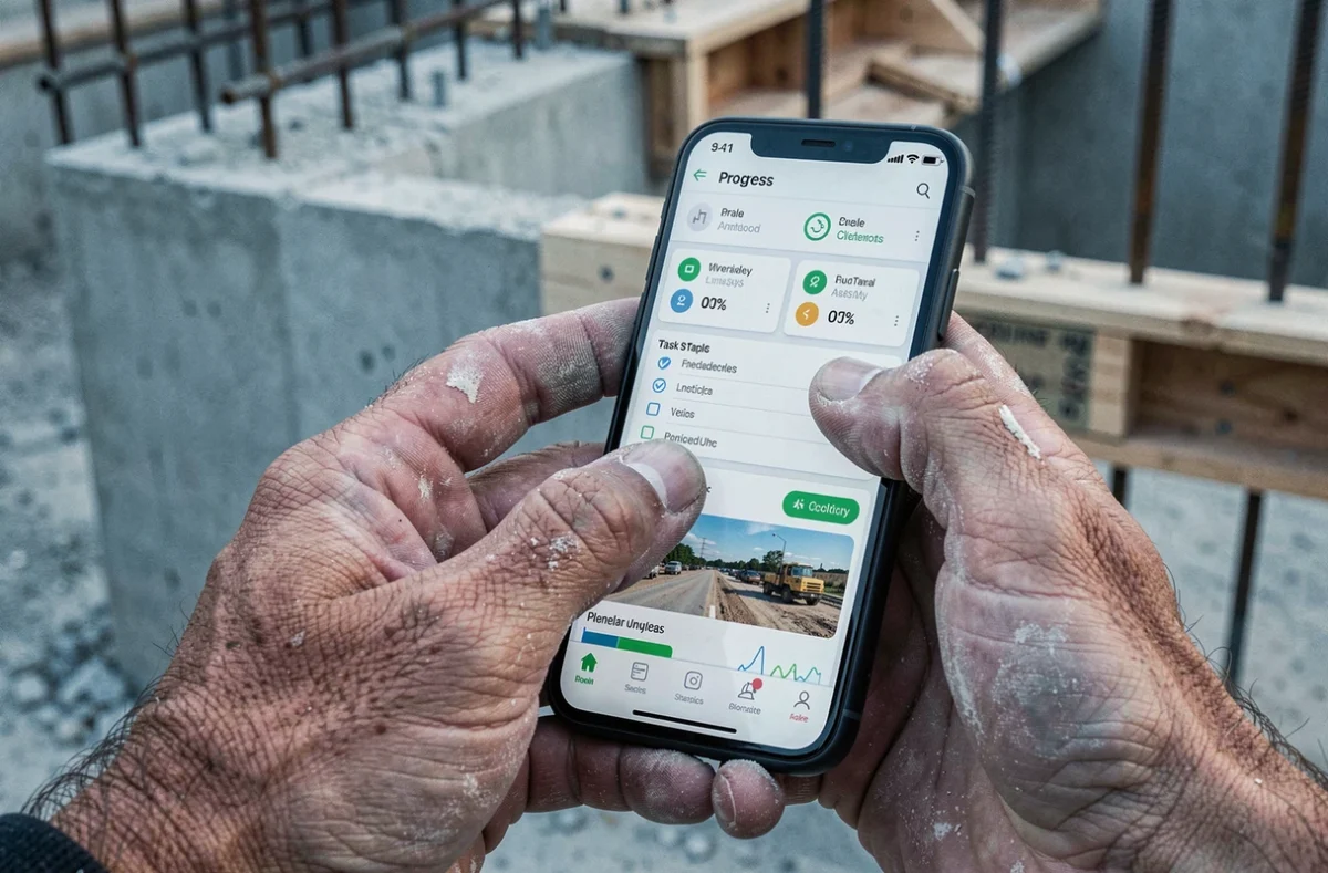 Gros plan sur des mains d'ouvrier utilisant une application mobile de suivi de chantier BTP sur smartphone devant une structure en béton