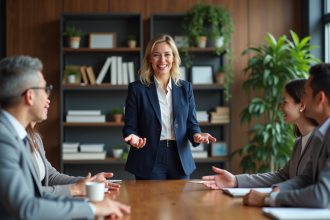 Manager femme en costume navy anime son equipe en réunion