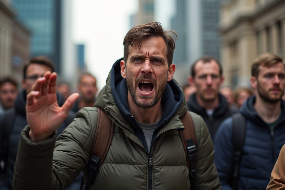 Manifestation dans la ville avec débat animé et visage expressif